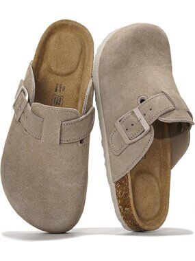 Women's Dark Grey Suede Genuine Leather Cork Footbed Trendy Slip-On Mules Clogs